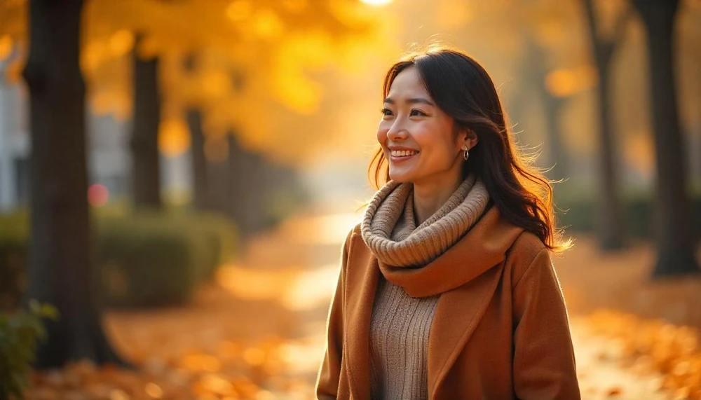 Una mujer paseando por un parche en otoño.